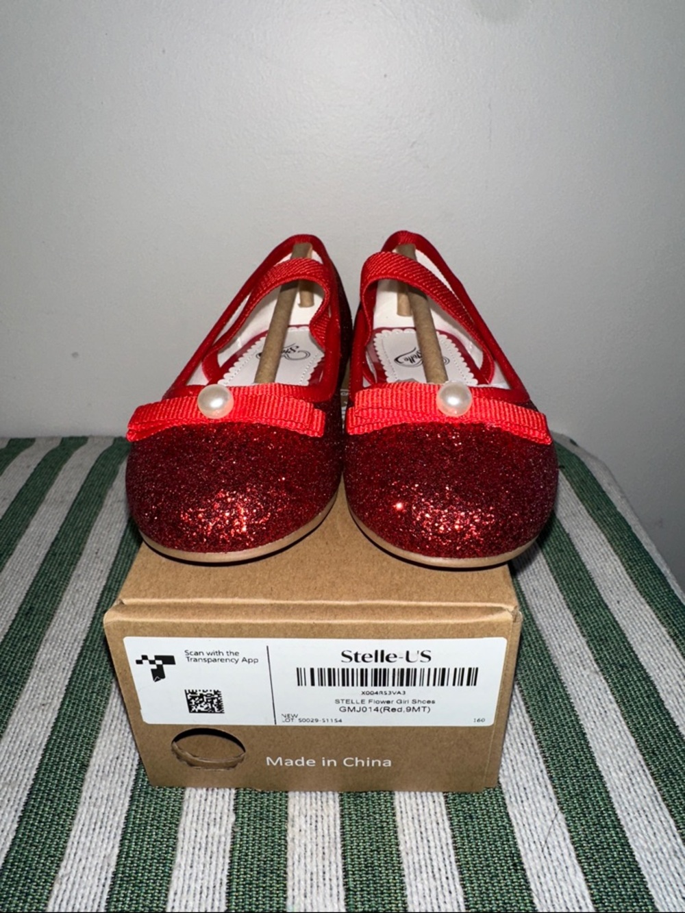 Girls Red Glitter Dress Shoes with Pearl Accent